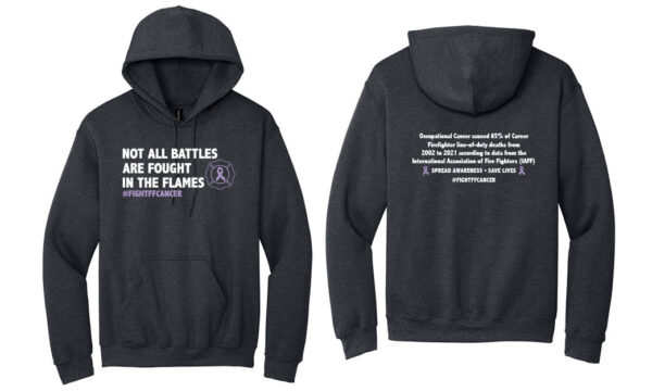 image showing the Firefighter Cancer Awareness Hooded Sweatshirt in Dark Heather Grey